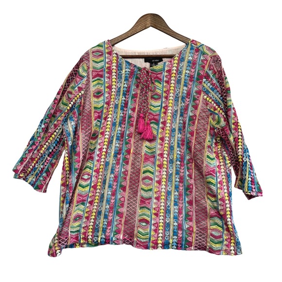 Ali Miles Tops - Ali Miles Womens Size 2X Embroidered Mesh Boho Tassel Top Multi-Color 3/4 Sleeve